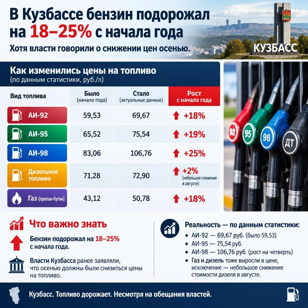 В Кузбассе бензин подорожал на 18–25% с начала года, хотя власти говорили о снижении це...