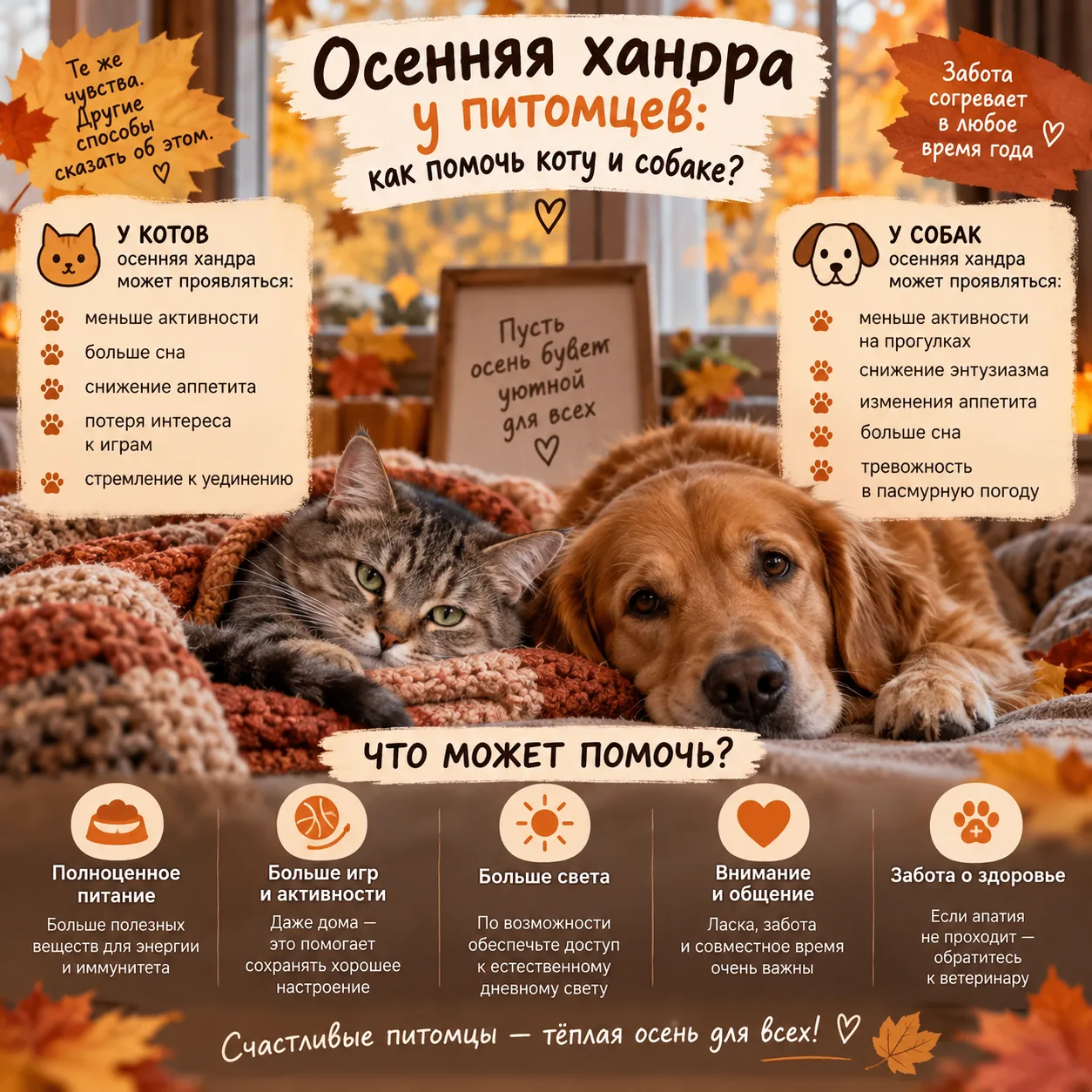 🍂 Осенняя хандра у питомцев: как помочь коту и собаке?
