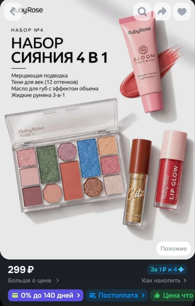 Ruby Rose Косметический набор 4 в 1 - мерцающая подводка, палетка теней (12 оттенков), ...