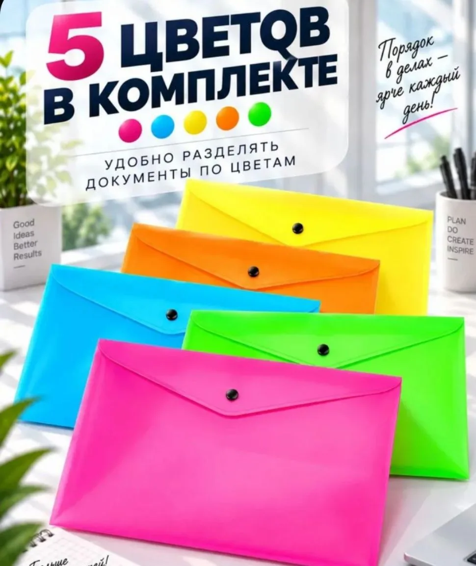 Папка-конверт на кнопке для документов и бумаг А4, набор 5 штук