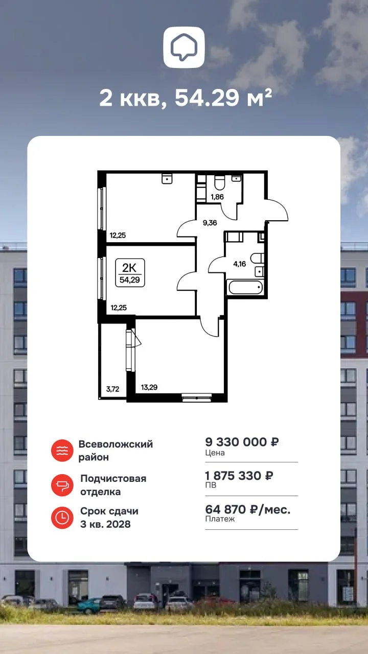 Кейс дня 2 ккв, 54,29 м2 в Янино