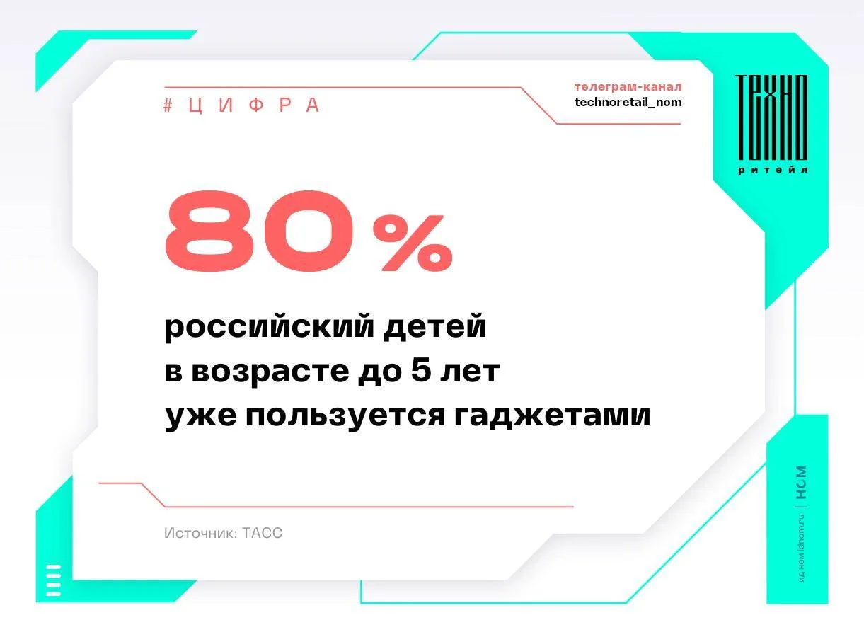 Почти каждый пятый ребёнок в России в возрасте до пяти лет взаимодействует со смартфона...