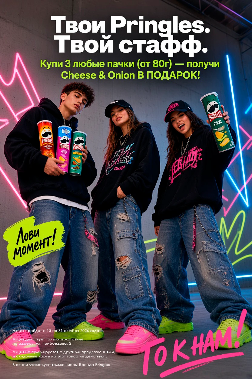 🎉Купите три упаковки Pringles любого вкуса от 80 гр. — и получите в подарок упаковку P...