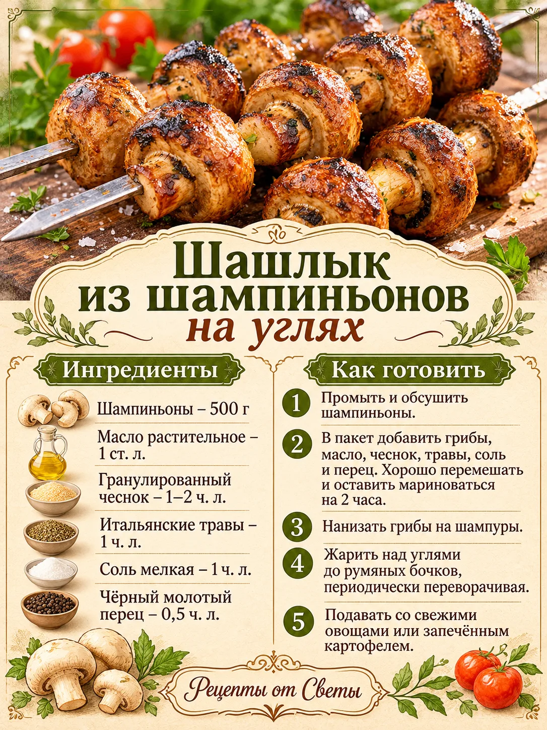 🍄 Шашлычки из шампиньонов на гриле, от одного вида которых уже хочется устроить пикник!