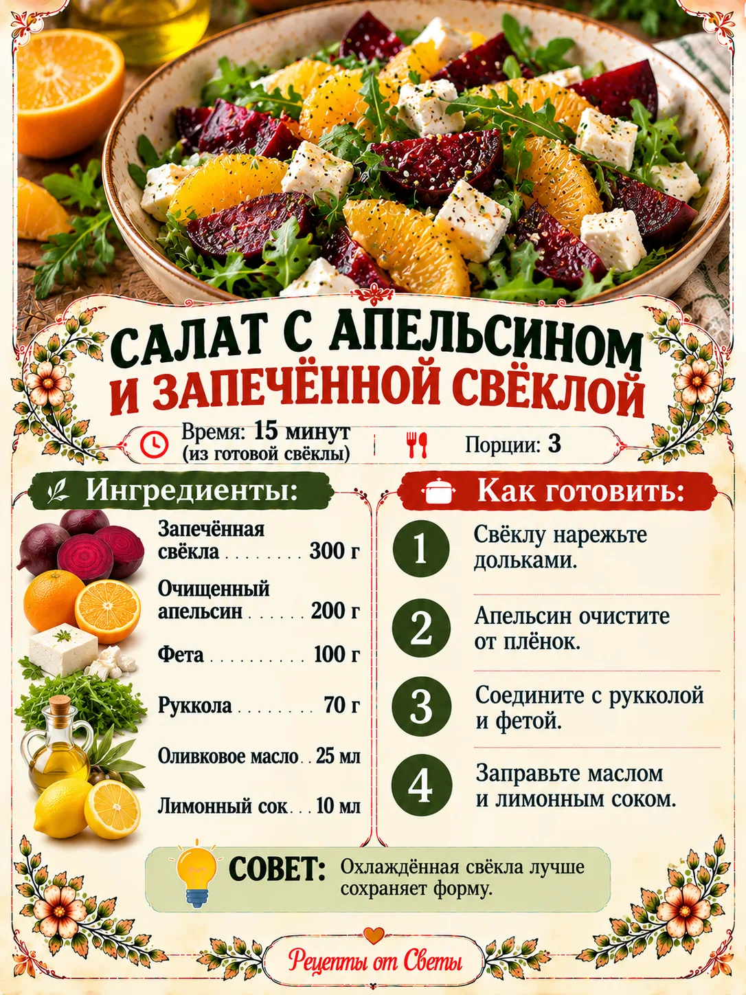 🥗 Салат с апельсином и запечённой свёклой, яркое сочетание сладости и цитрусовой свеже...