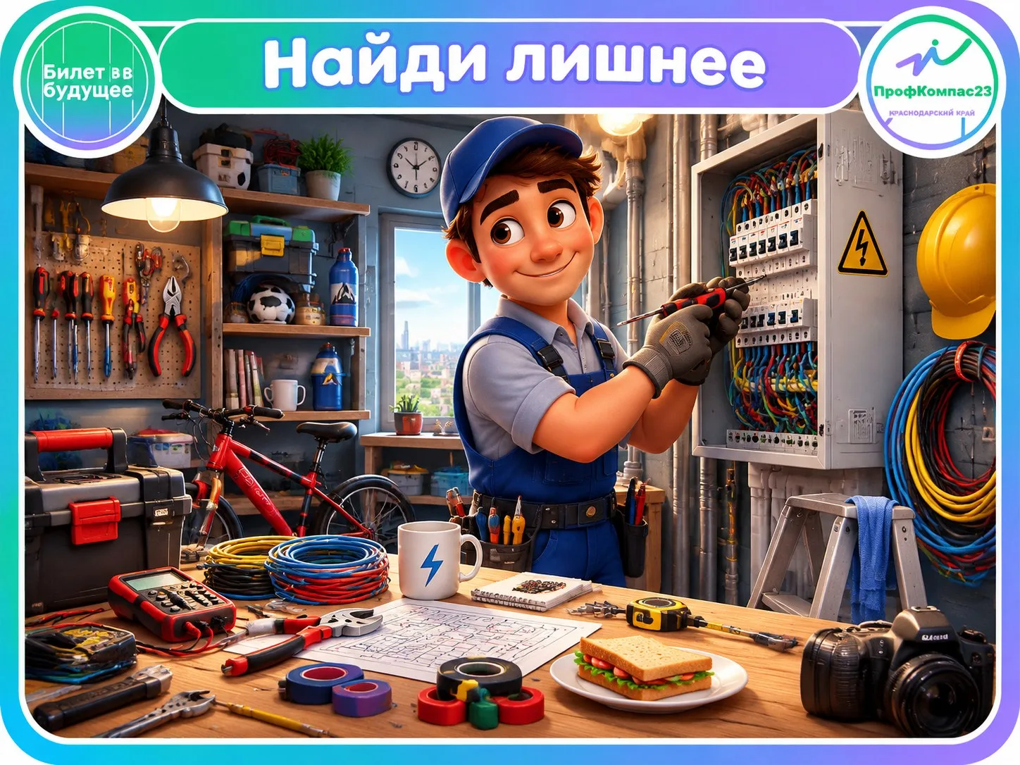 💜💚💙 Электрощитовая: найдите предметы, которые не нужны для работы электрику