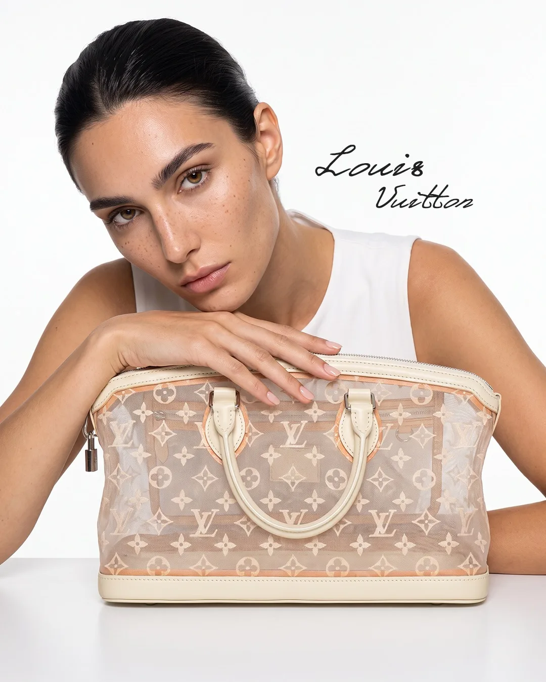 Сумка Louis Vuitton White Monogram Transparence Mesh East-West Lockit