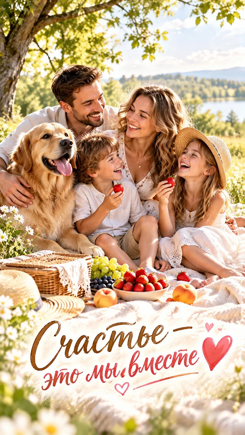 Счастье — это мы вместе! Семья на пикнике, рядом верный пёс, корзина с ягодами и тёплый...