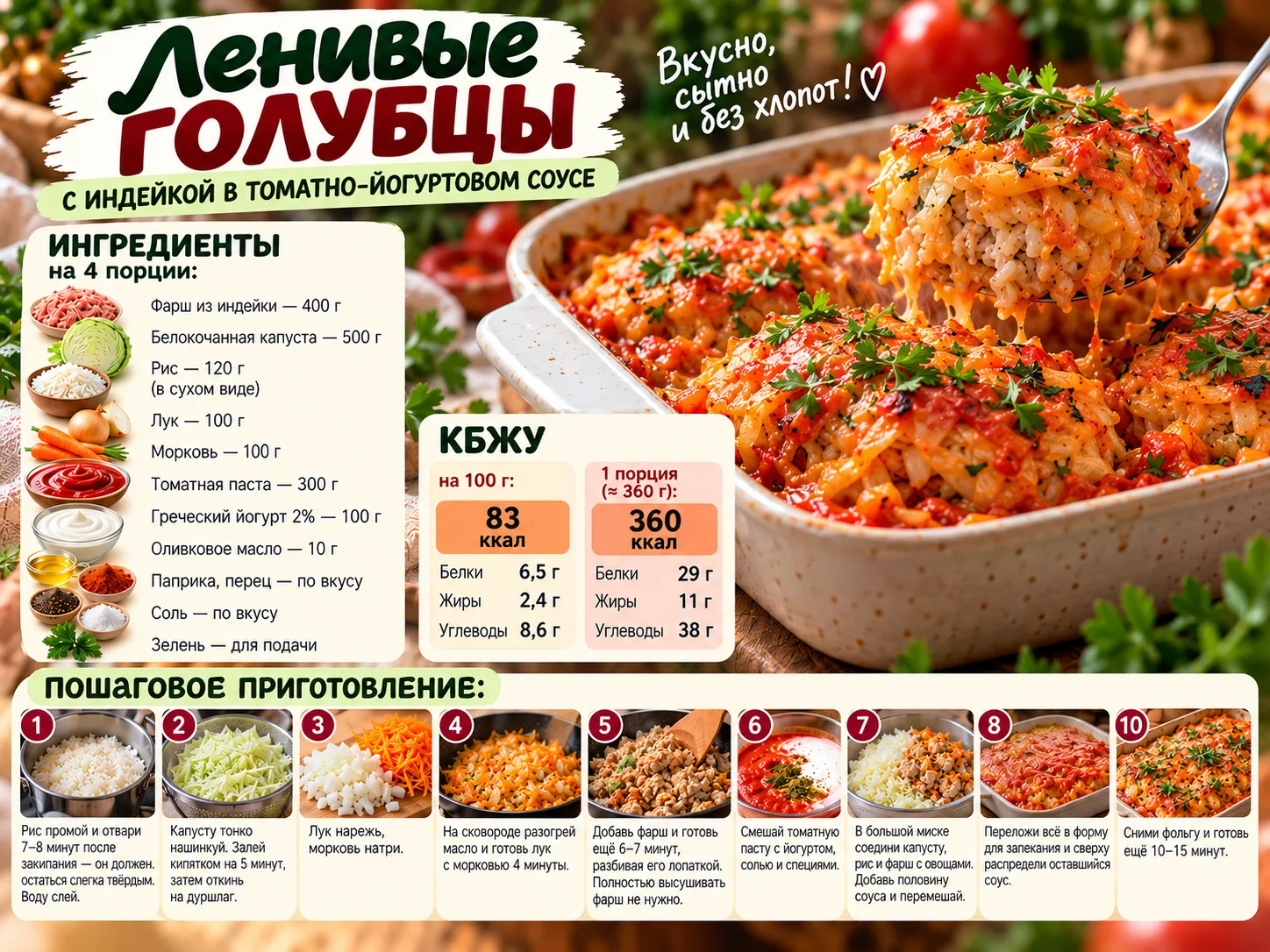 🥬 ЛЕНИВЫЕ ГОЛУБЦЫ С ИНДЕЙКОЙ В ТОМАТНО-ЙОГУРТОВОМ СОУСЕ