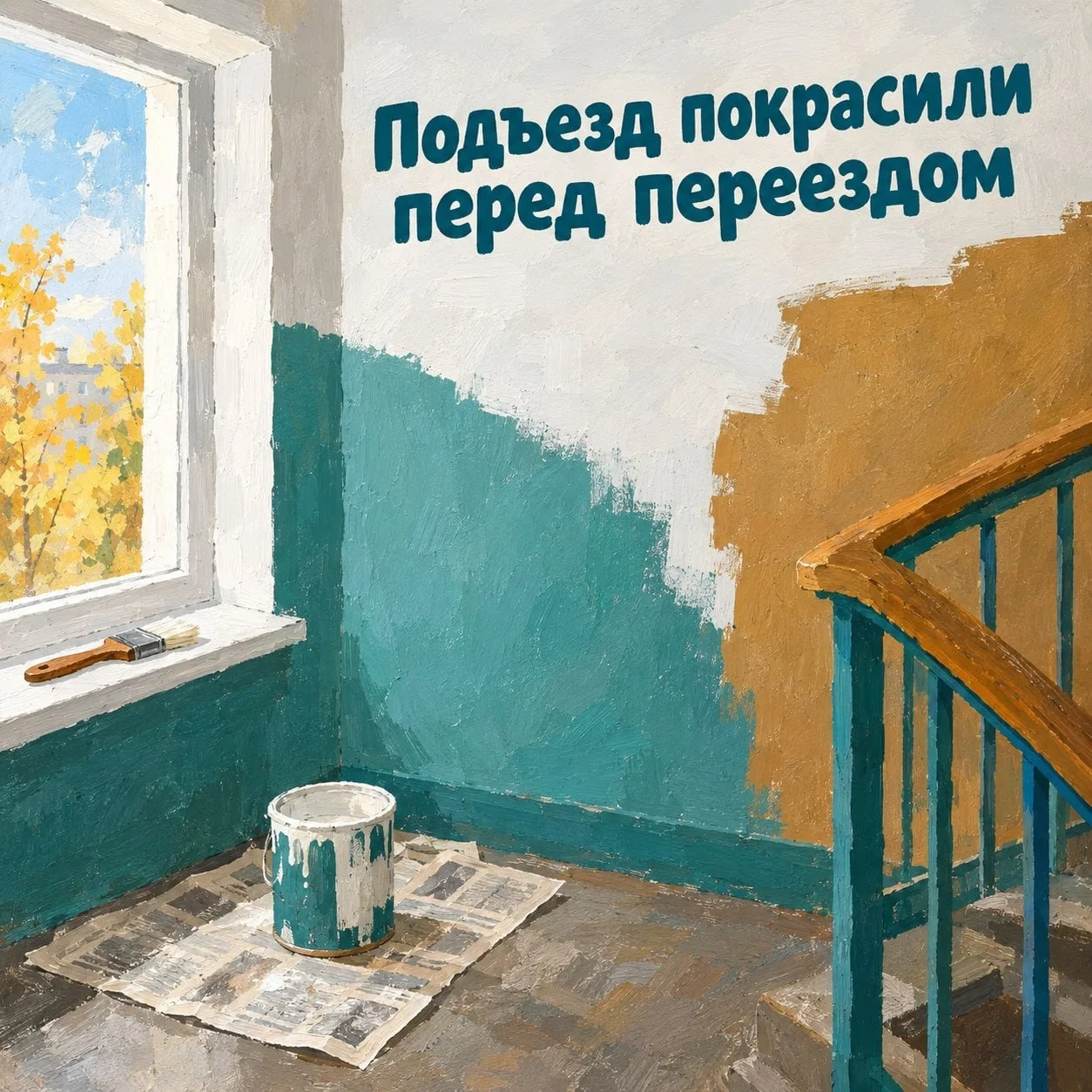 На Веерной, 32к2 коммунальные службы начали красить оконные рамы и входные двери в подъ...