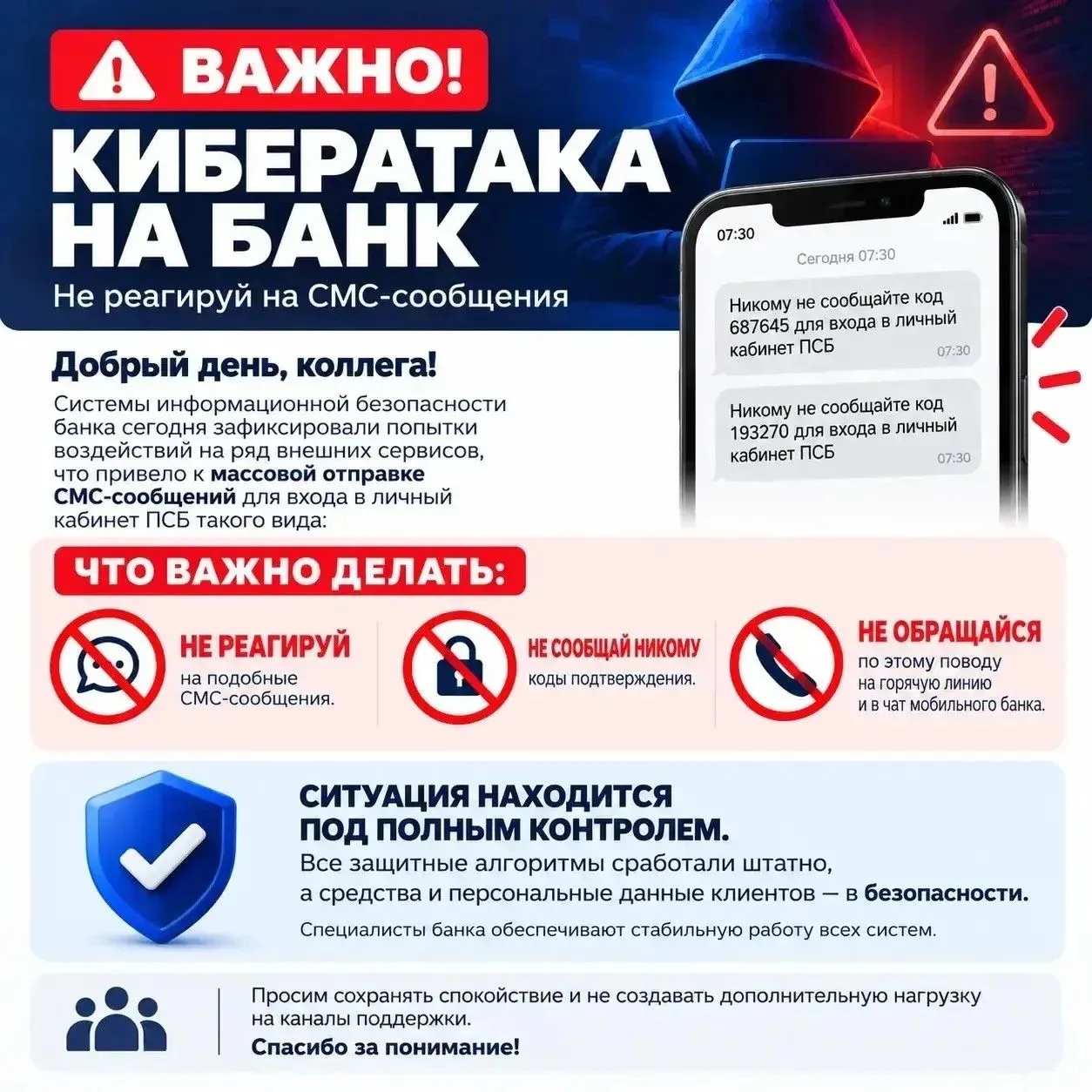 Кибератака на банк: не реагируй на СМС-сообщения