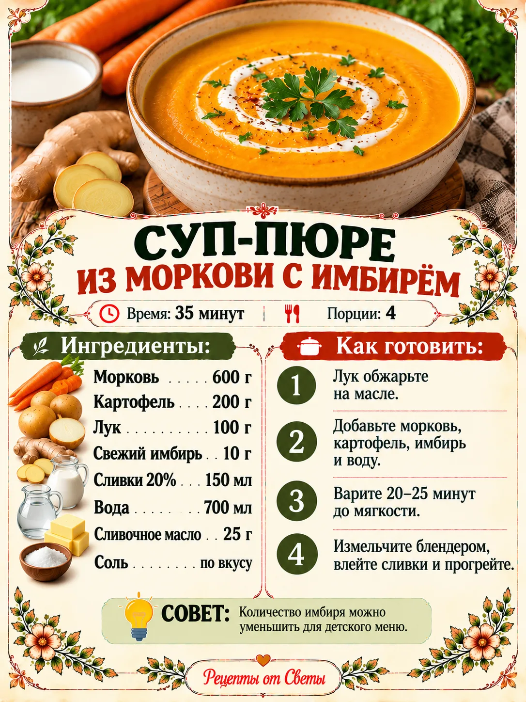 🥕 Суп-пюре из моркови с имбирём, яркий, бархатистый и с приятной пряной ноткой, котора...