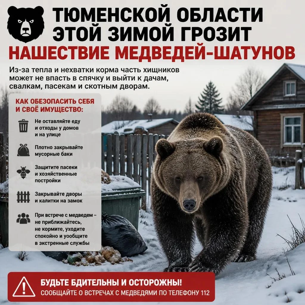 Этой зимой в Тюменской области ожидается рост числа медведей-шатунов.