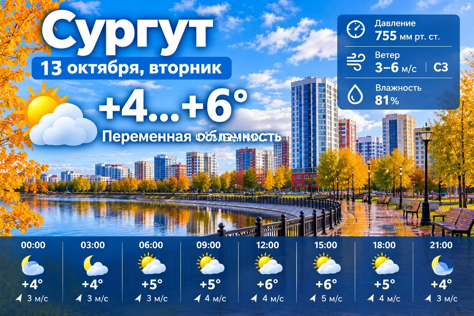 Погода в Сургуте (ХМАО-Югра) во вторник, 13 октября