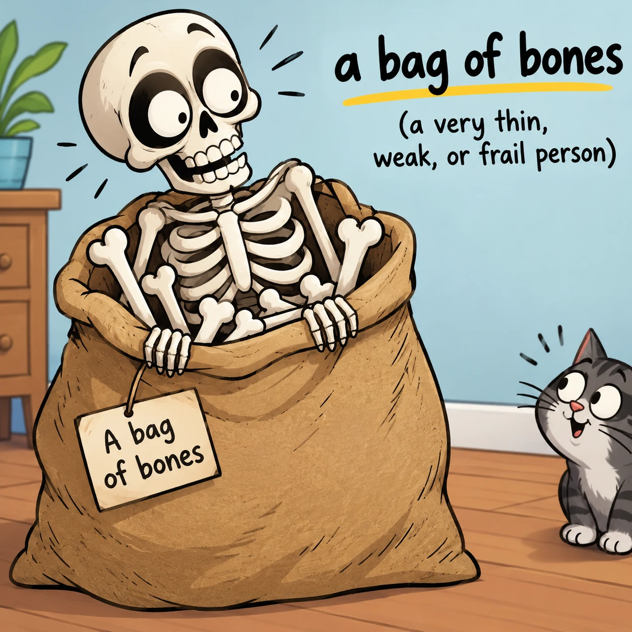 "A bag of bones"- скажем мы про слишком худого человека. A bag of bones- "кожа да кости...