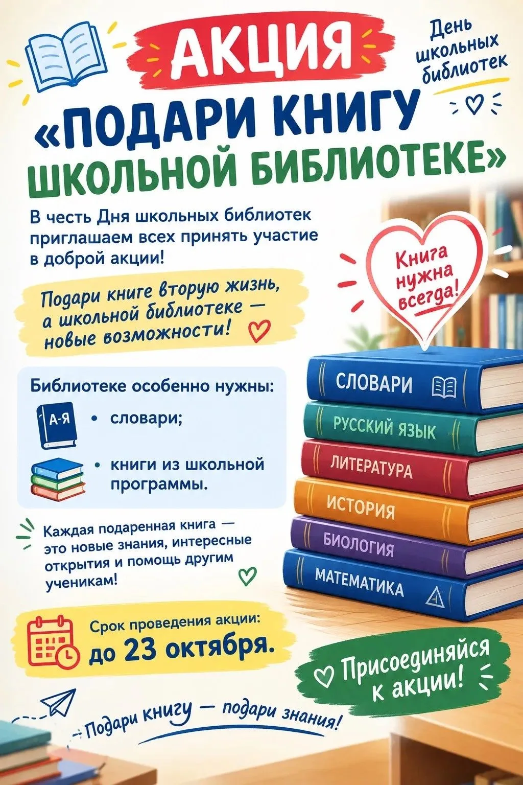 ПОДАРИ КНИГУ ШКОЛЬНОЙ БИБЛИОТЕКЕ!