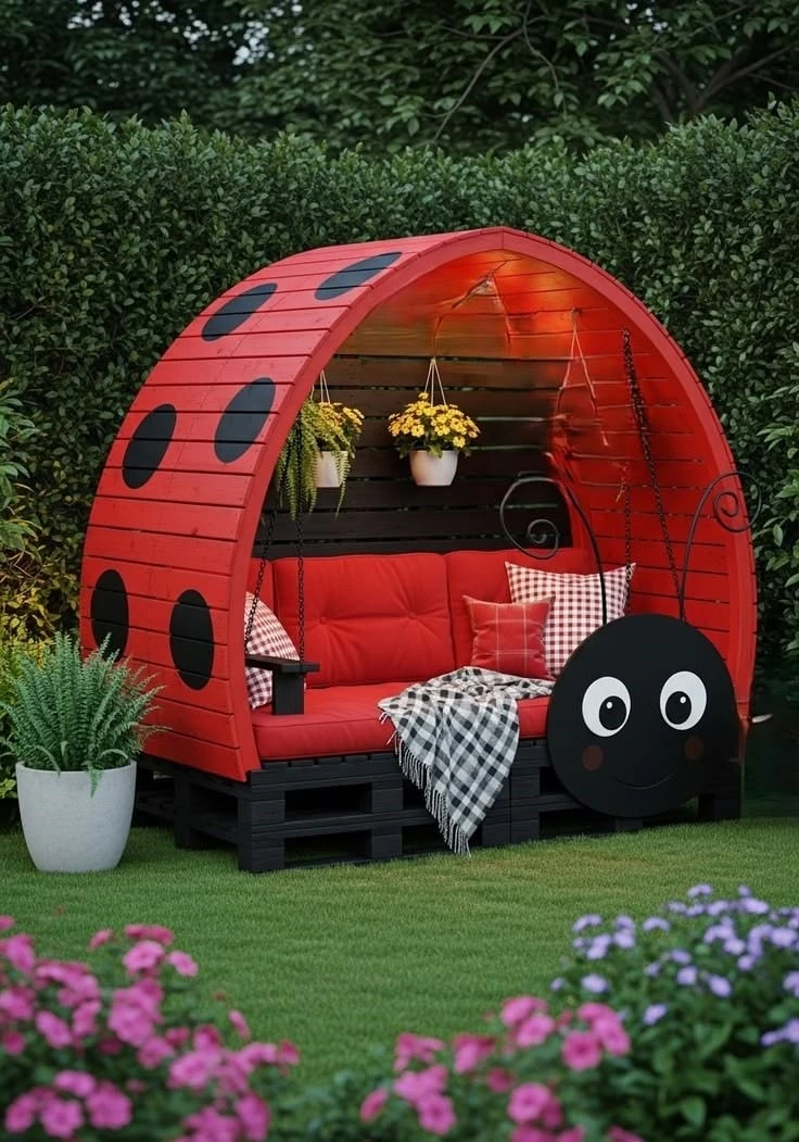 Идея для необычной лавочки с навесом. Пятнистый уют 🐞