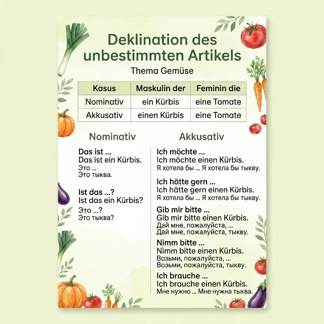 🥦 Сегодня рассмотрим как меняются артикли в Akkusativ на примере темы "Овощи".