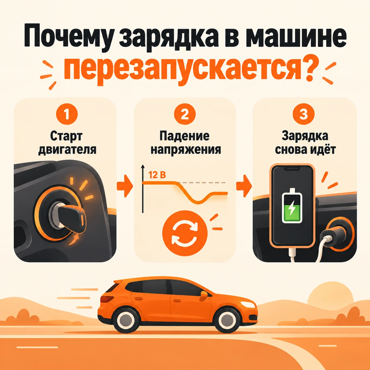 Почему автомобильная зарядка может перезапуститься при запуске двигателя?