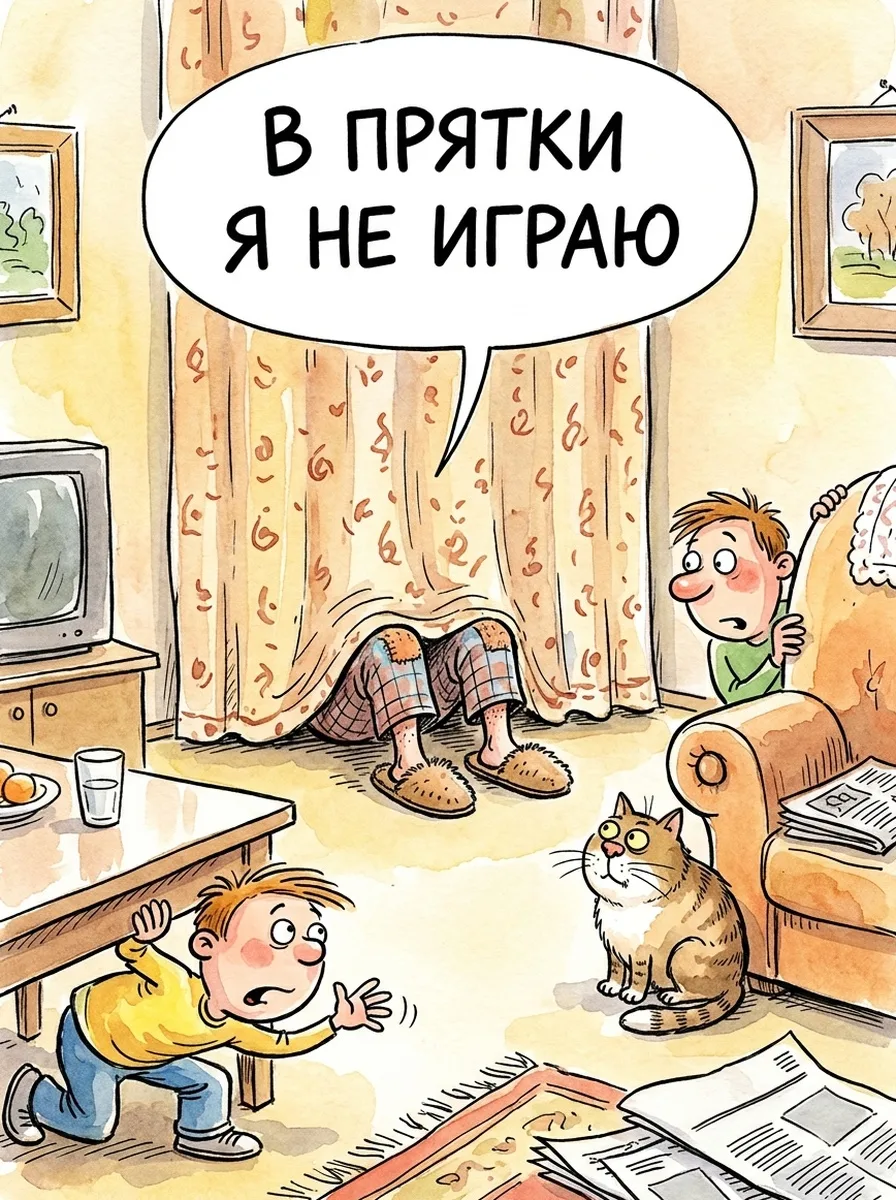Дед в прятки не играет, он просто стоит за шторой. Внуки ищут его четвёртый раз подряд ...