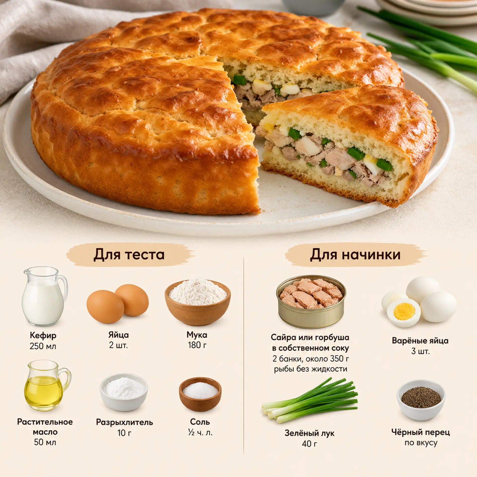 Заливной пирог с рыбой и зелёным луком 🤤