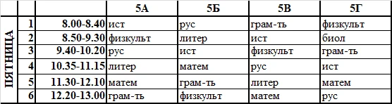 Расписание на пятницу, 16 октября, 5-ые классы