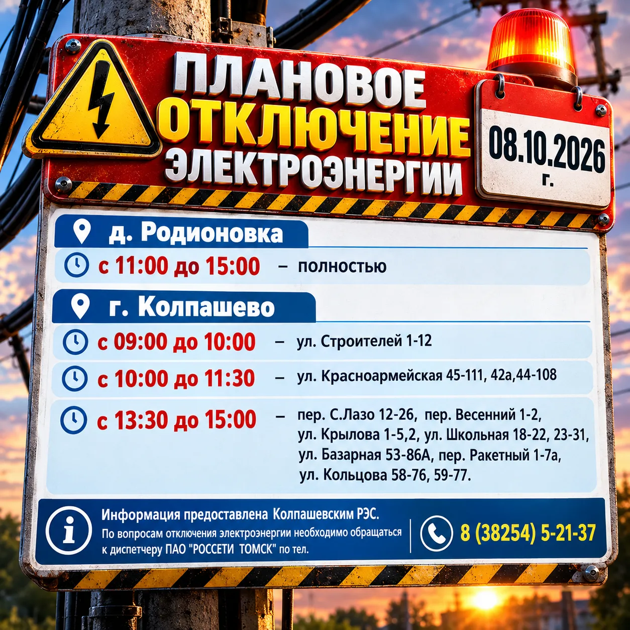⚡ Плановое отключение электроэнергии - 8 октября 2026 года