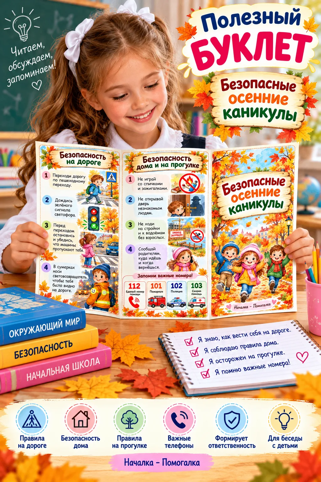 🍁🍂 БЕЗОПАСНЫЕ ОСЕННИЕ КАНИКУЛЫ! 🍂🍁✨ Красочный буклет-памятка для учеников начальной...