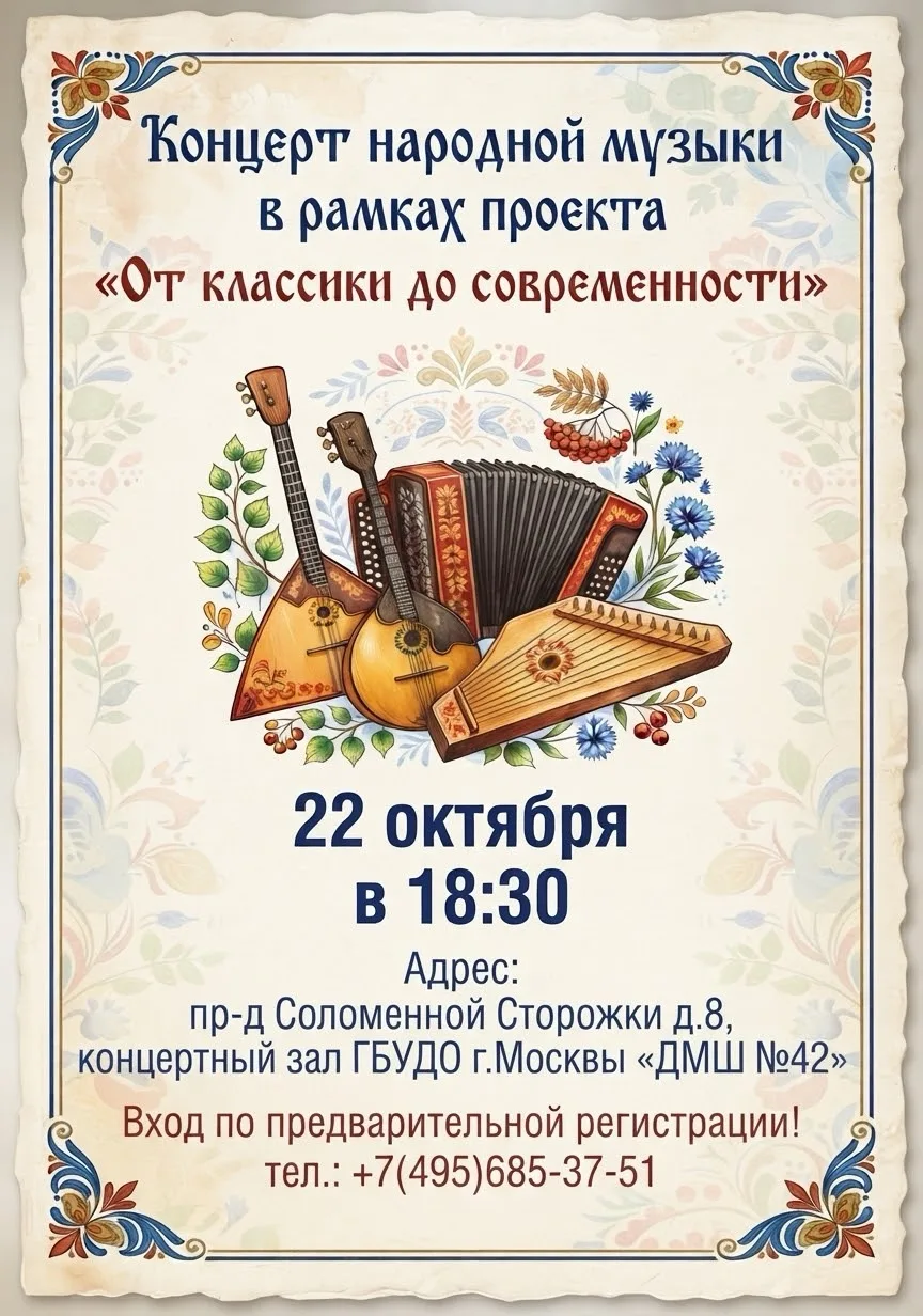 🌿ПРИГЛАШАЕМ на концерт народной музыки в рамках проекта «От классики до современности»!