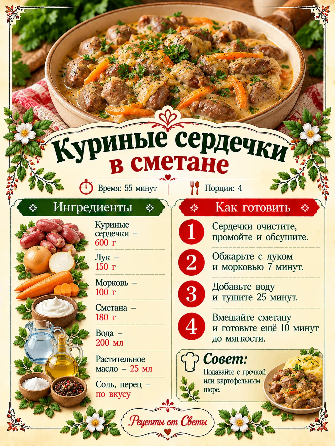 🍗 Куриные сердечки в сметане, нежные, с густой подливкой, в которую так и хочется макн...