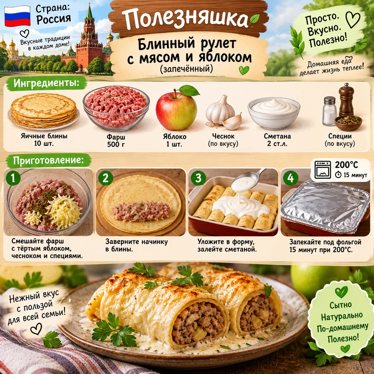 Блинный рулет с мясом и яблоком (запечённый) Ингредиенты: яичные блины 10 шт., фарш 500...