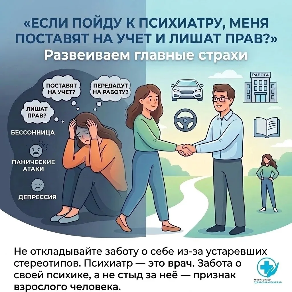 «Если пойду к психиатру, меня поставят на учет и лишат прав?» Развеиваем главные страхи 🚫