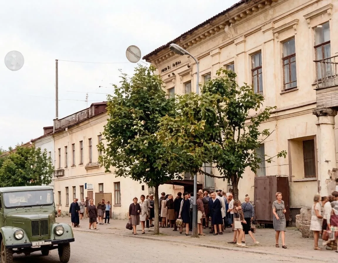 Очередь в магазин. Угол улиц Советская и Вятская, 1970 год.