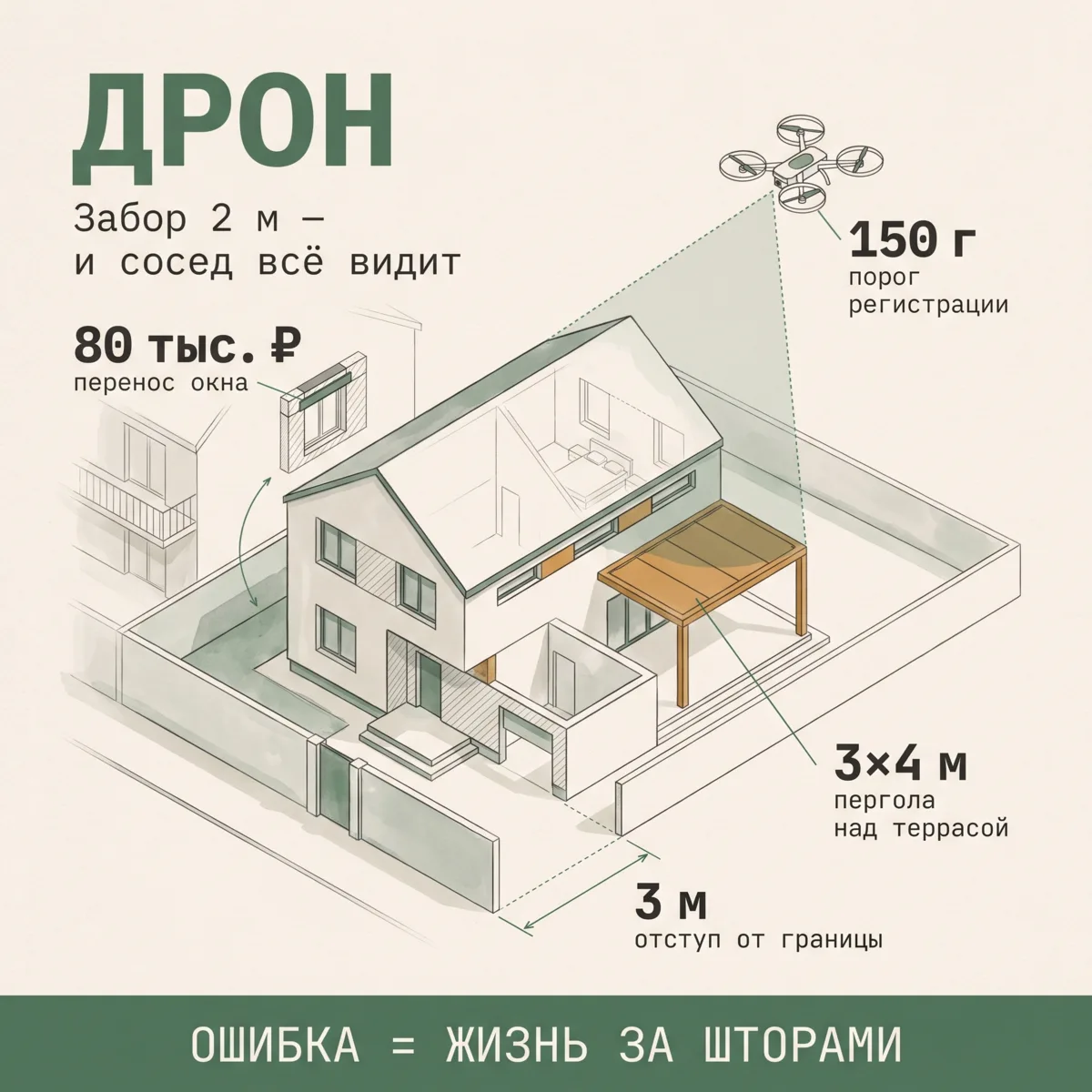 🚁 Дрон над участком: приватность, соседи и куда ставить окна, чтобы в них не заглядывали