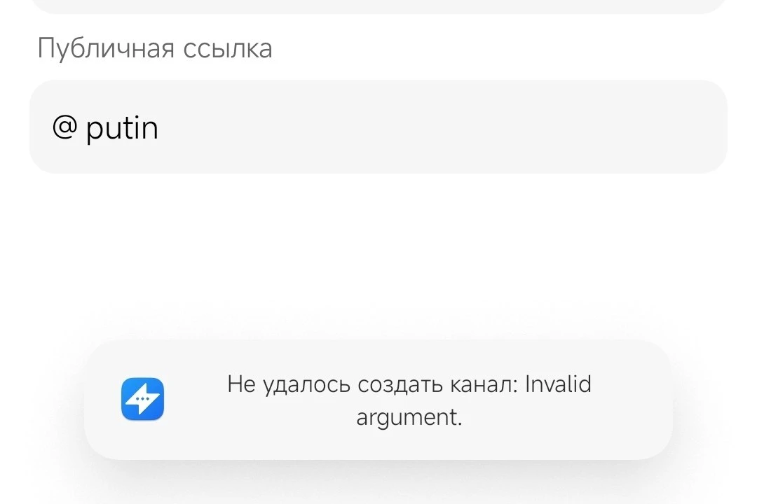 Putin не даёт зарегистрировать мессенджер «Молния» в качестве адреса канала/профиля.
