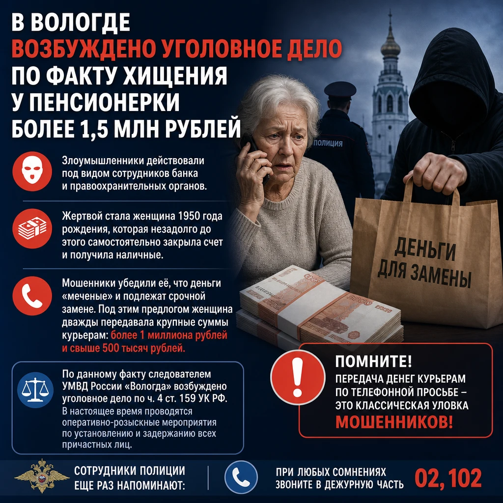 В Вологде возбуждено уголовное дело по факту хищения у пенсионерки более 1,5 млн рублей.