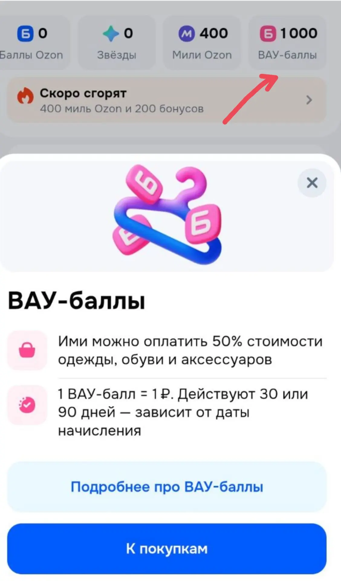 Озон начислил 1000 ВАУ-баллов