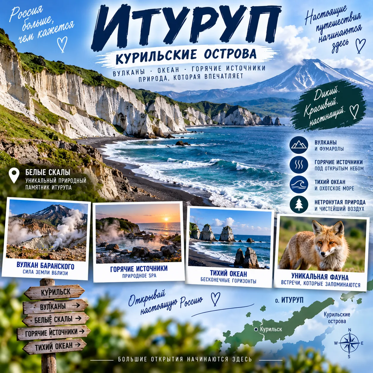 🌋 Курильский остров Итуруп: белые скалы, вулканы и горячие источники на краю России