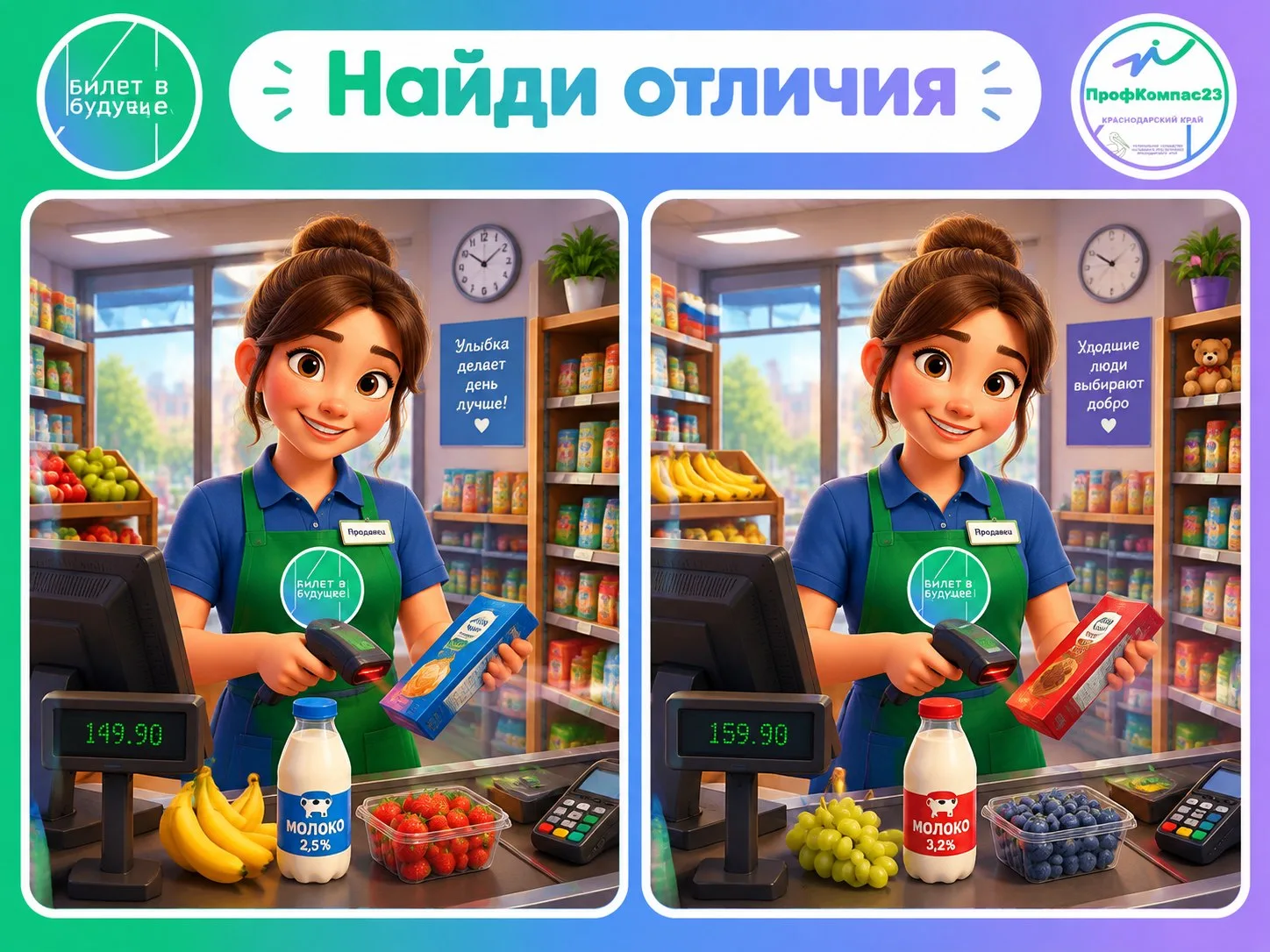 Новая головоломка: найдите отличия в магазине 💜💚💙