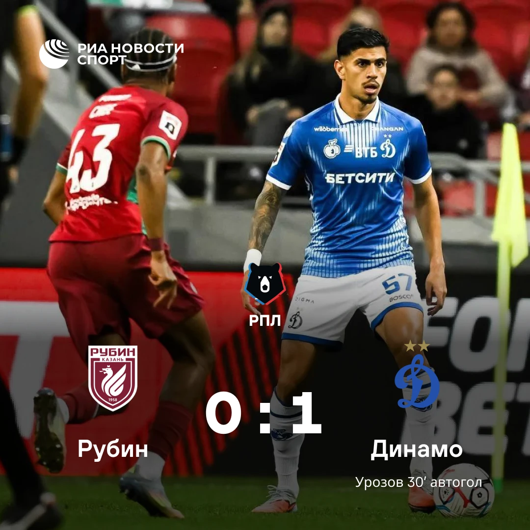 ⚽ «Динамо» обыграло «Рубин» и возглавило турнирную таблицу РПЛ
