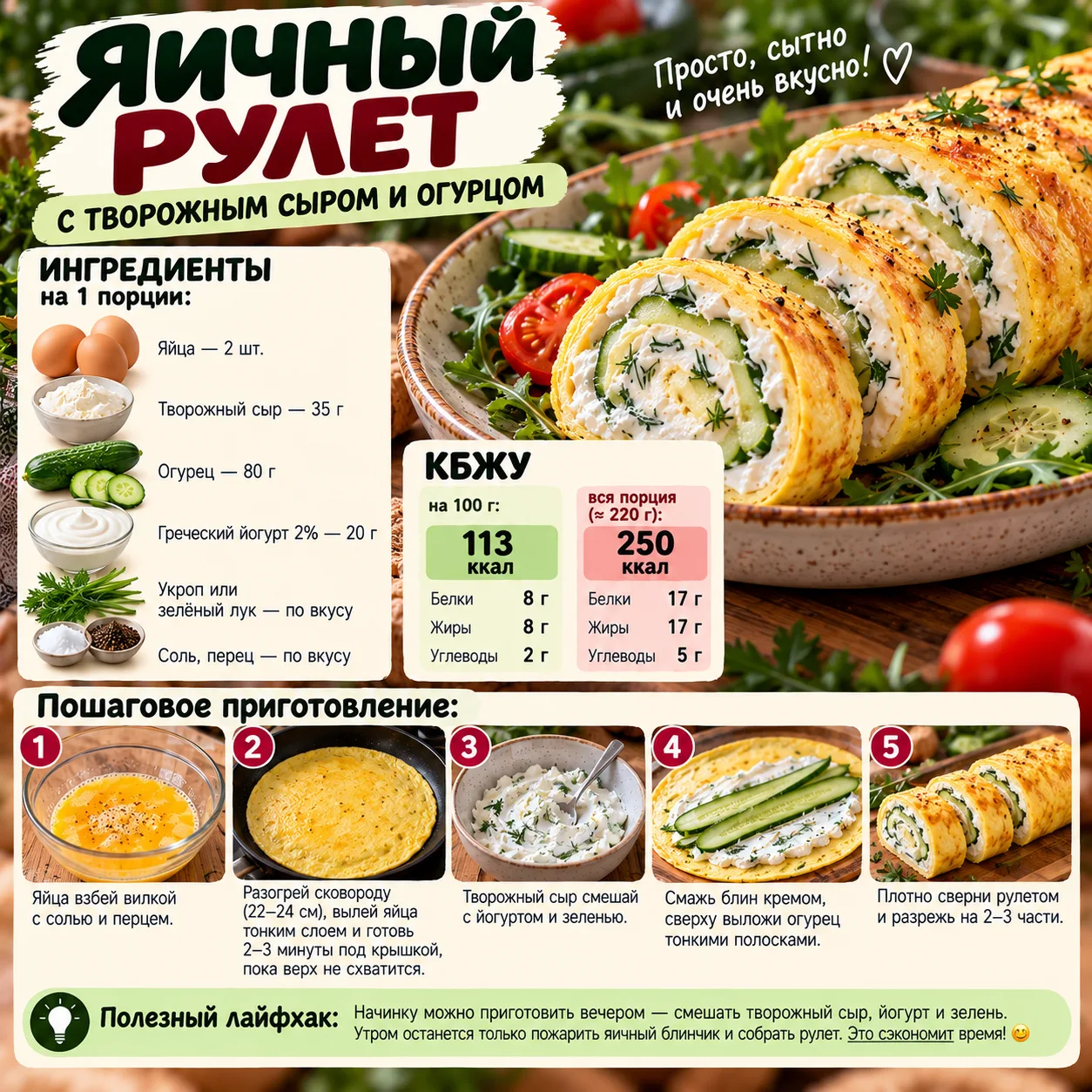 🥒 ЯИЧНЫЙ РУЛЕТ С ТВОРОЖНЫМ СЫРОМ И ОГУРЦОМ - ЗАВТРАК ЗА 10 МИНУТ