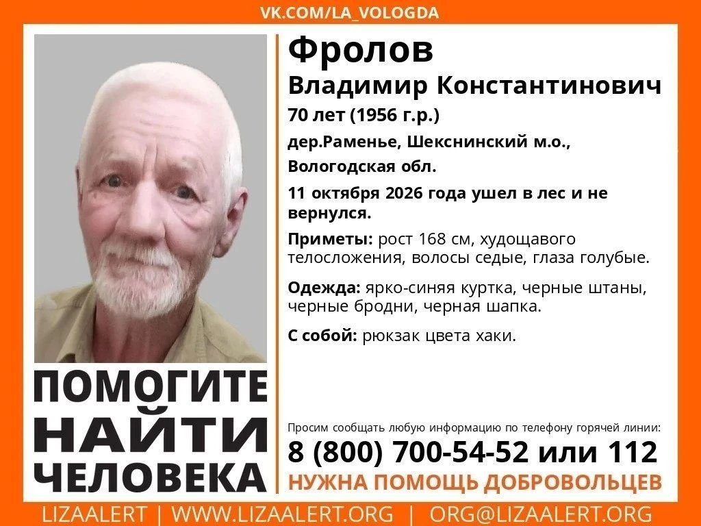 В Шекснинском округе Вологодской области ищут 70-летнего мужчину. 11 октября он ушёл в ...