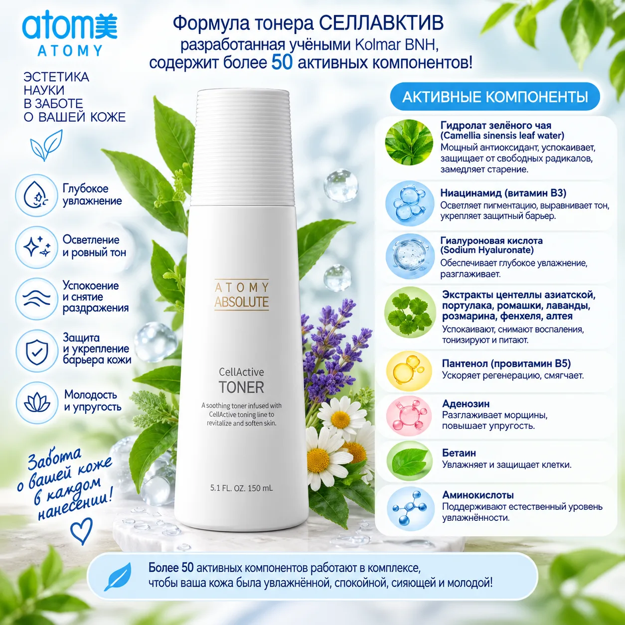 Формула тонера, разработанная учёными Kolmar BNH, содержит более 50 активных компонентов: