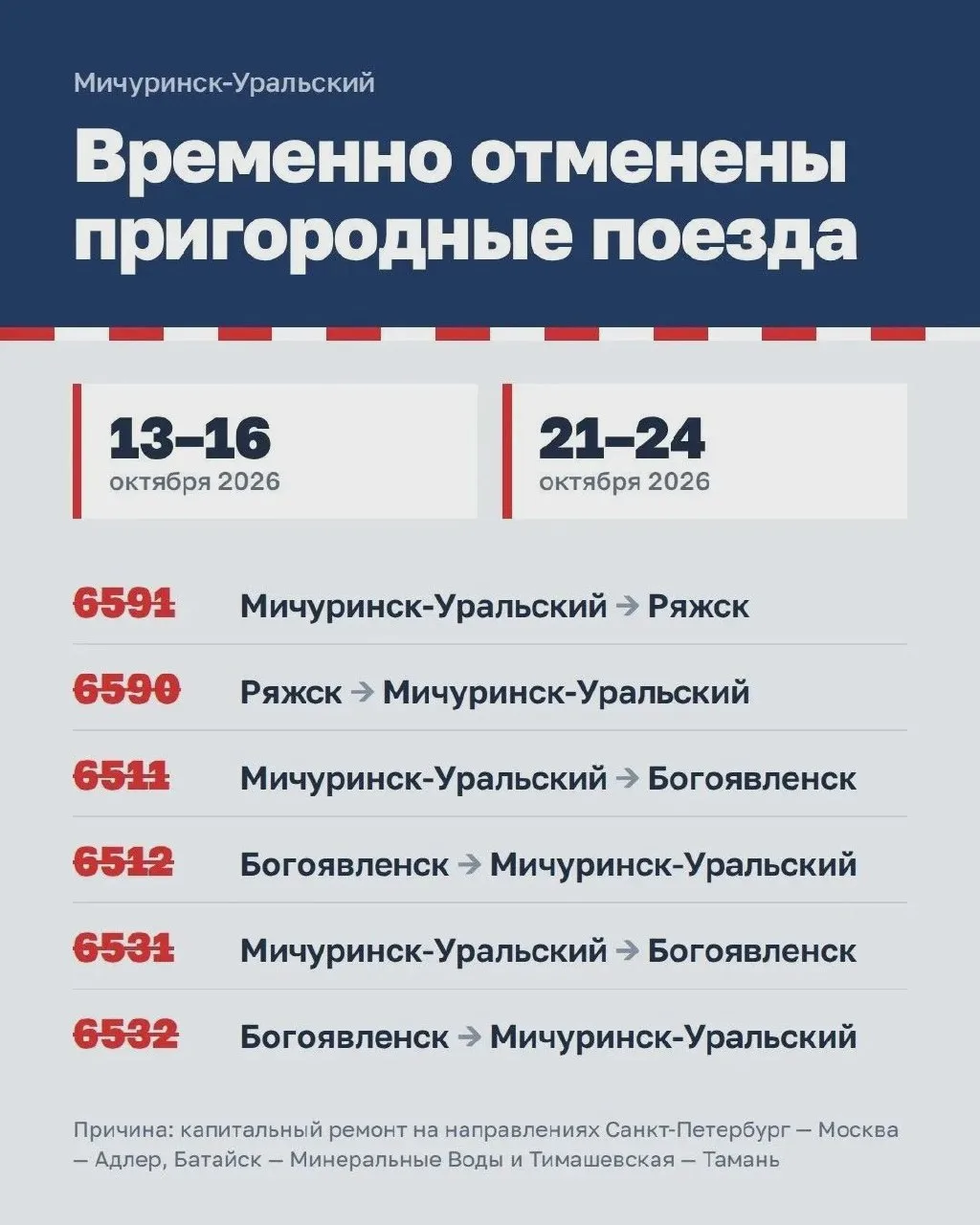 🚆 В Тамбовской области отменят шесть пригородных поездов