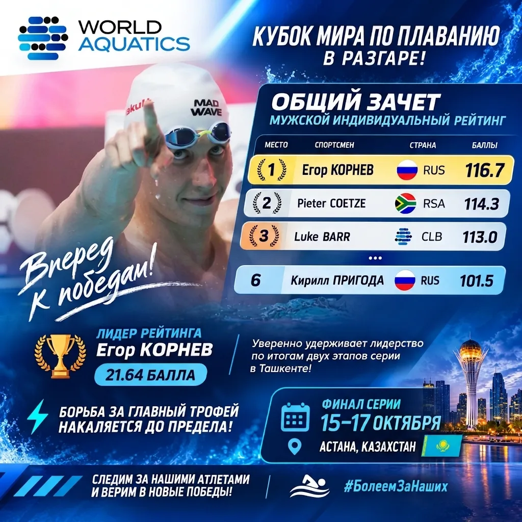 🔥 Кубок мира по плаванию в разгаре: Егор Корнев удерживает лидерство!