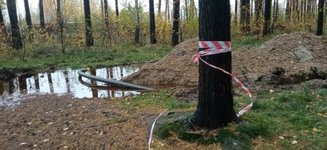 В Лавриковском парке в конце Шувалова вырыли канаву, заполненную водой глубиной больше ...