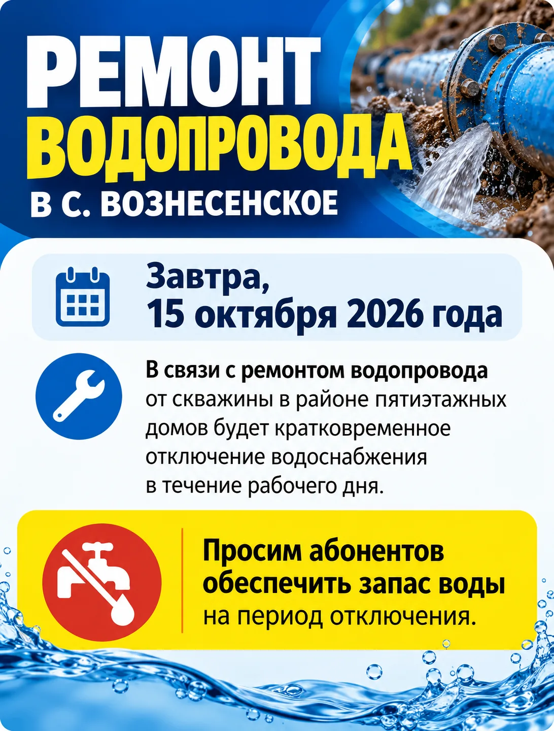 Ремонт водопровода в с. Вознесенское