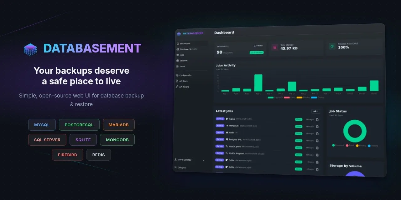 databasement – менеджер резервных копий баз данных для своего сервера с веб-интерфейсом...