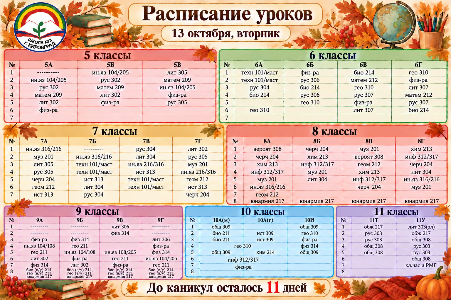 Расписание уроков на вторник 13.10