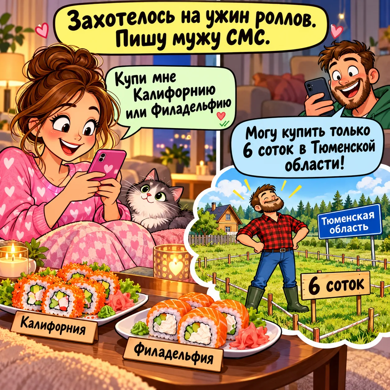 Захотелось на ужин роллов. Пишу мужу СМС: